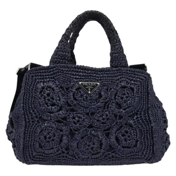 PRADA Canapa PM Hand Bag Raffia Navy Auth am8832 - Picture 2 of 16